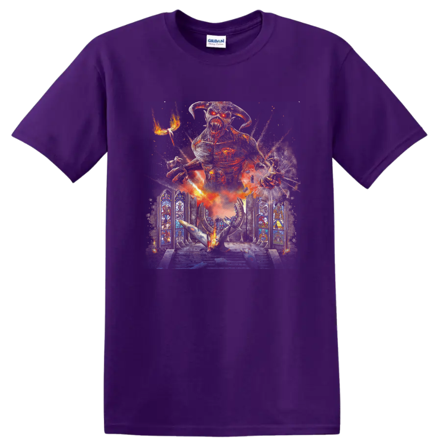 Iron Maiden Eddie above a gothic cathedral in blazing glitch-style heavy metal art on a Purple T Shirt