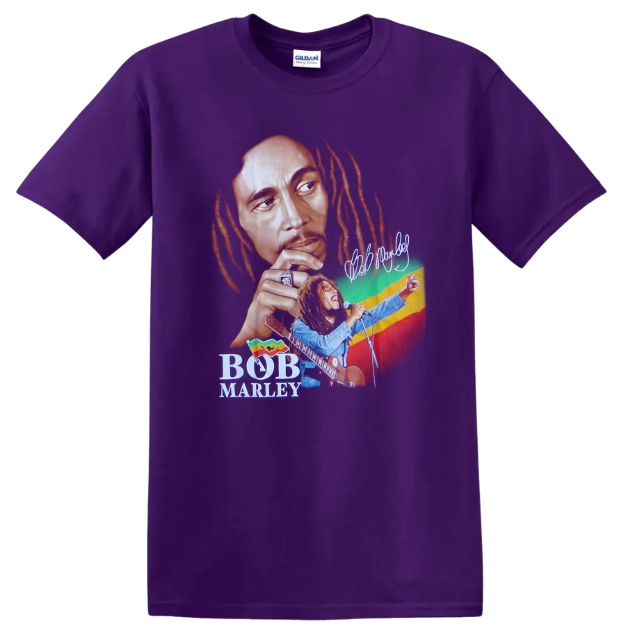 Bob Marley reggae portrait with guitar performance and red, yellow, green backdrop on a Purple T Shirt