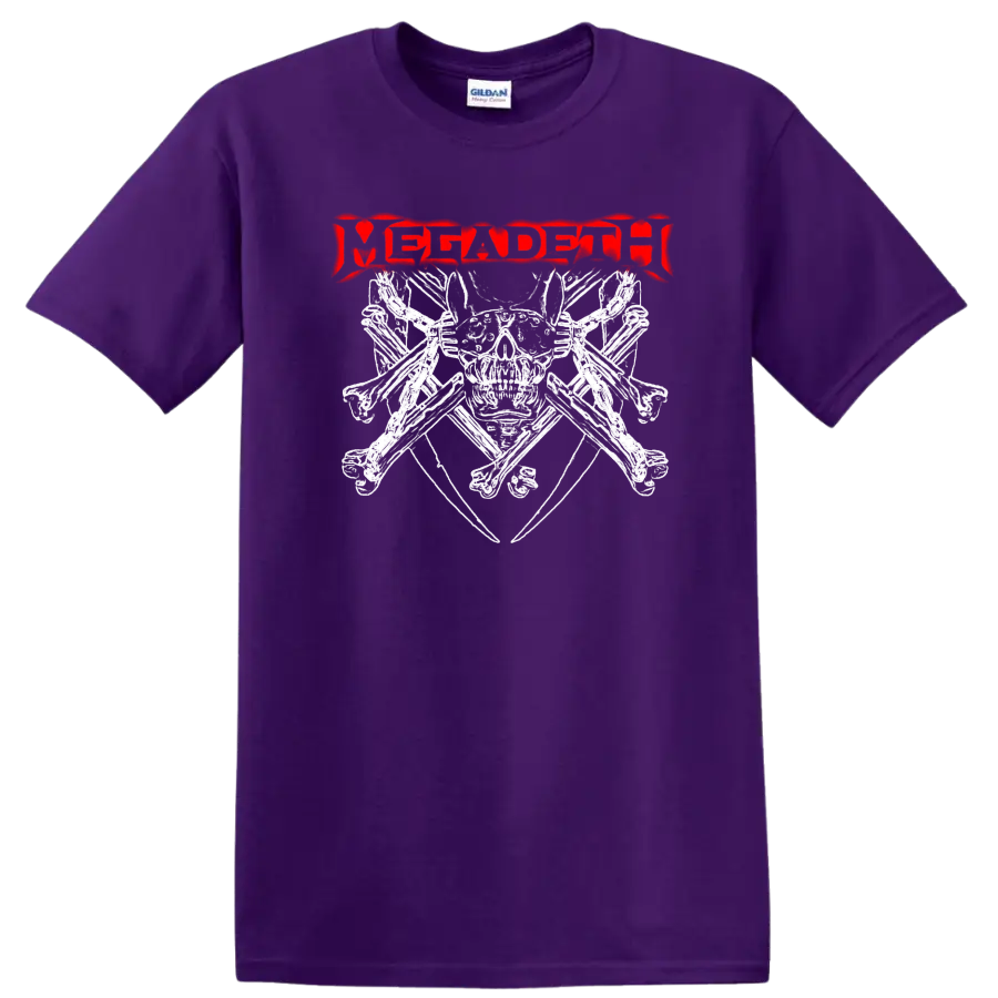 Distressed red Megadeth logo in a jagged heavy metal graphic style on a Purple T Shirt