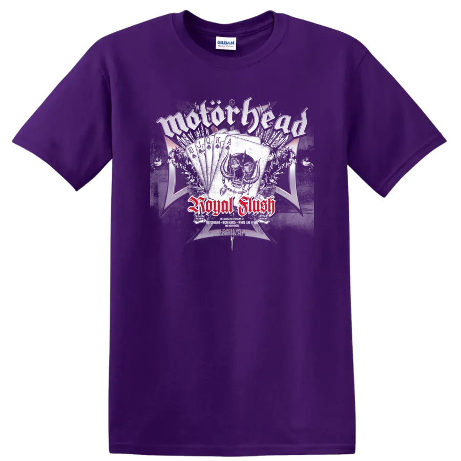 Motörhead Royal Flush skull and playing-card graphic with distressed red lettering on a Purple T Shirt
