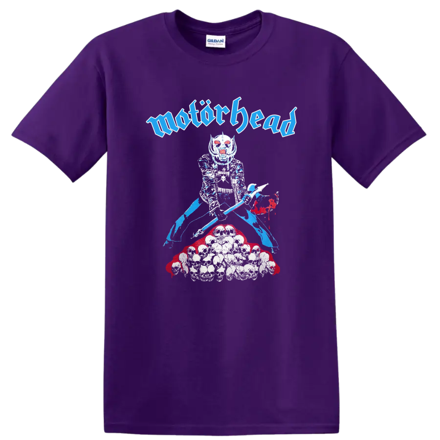 Motörhead Snaggletooth skull warrior graphic with Gothic lettering and skulls on a Purple T Shirt