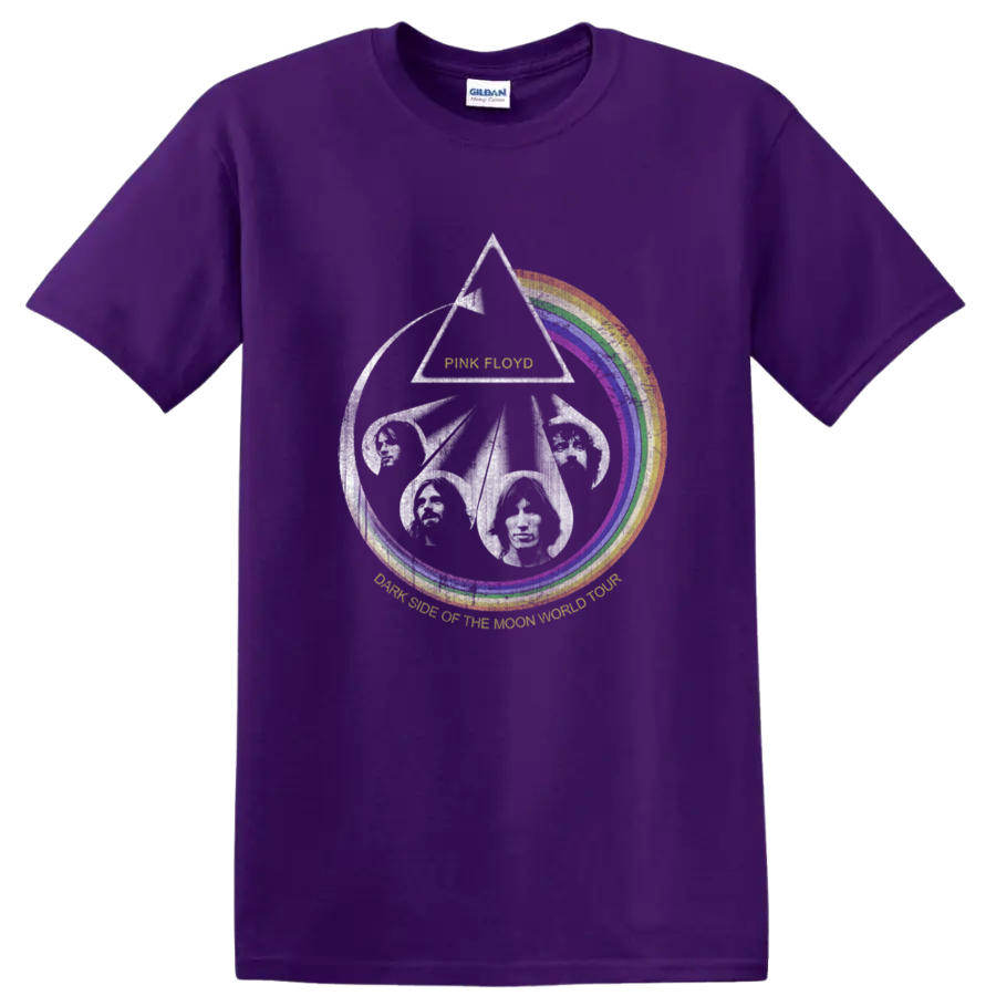 Pink Floyd Dark Side of the Moon prism, rainbow arc, and flying pig graphic on a Purple T Shirt