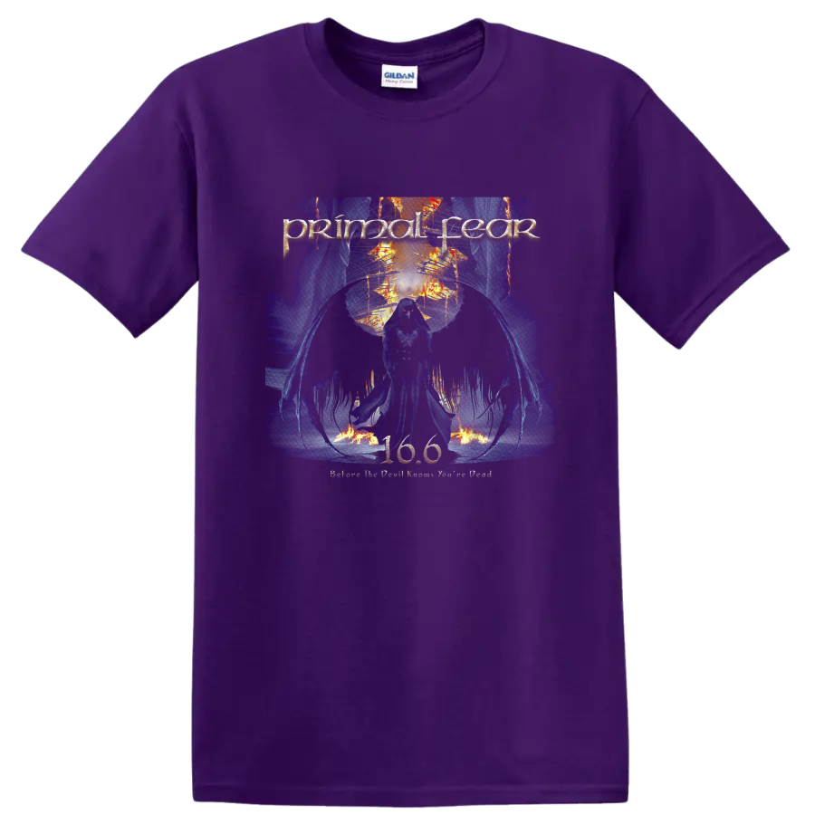 Primal Fear skull warrior graphic with blue flames, orange fire, and metal artwork on a Purple T Shirt