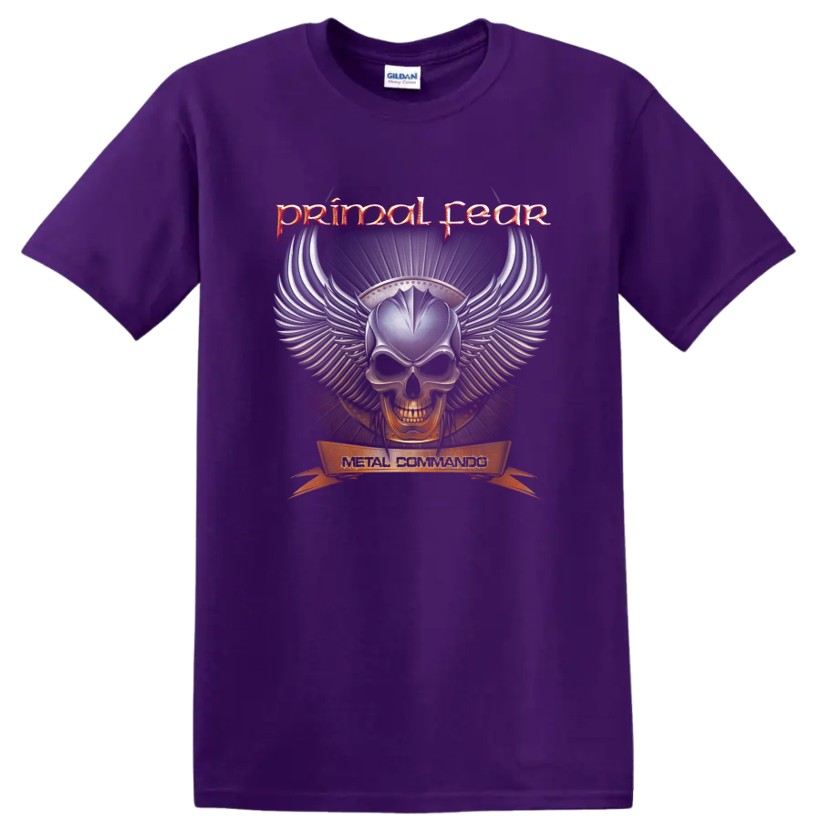 Primal Fear Metal Commando winged skull with fiery gothic heavy metal artwork on a Purple T Shirt