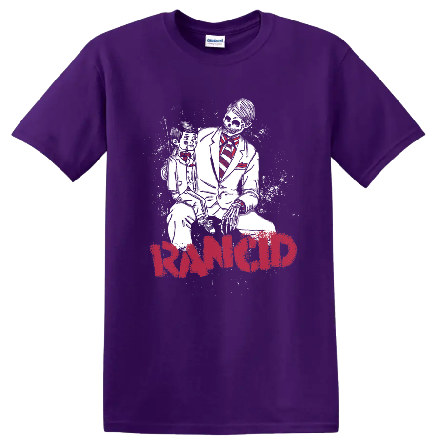Rancid distressed red logo with gritty black-and-white punk performance artwork on a Purple T Shirt