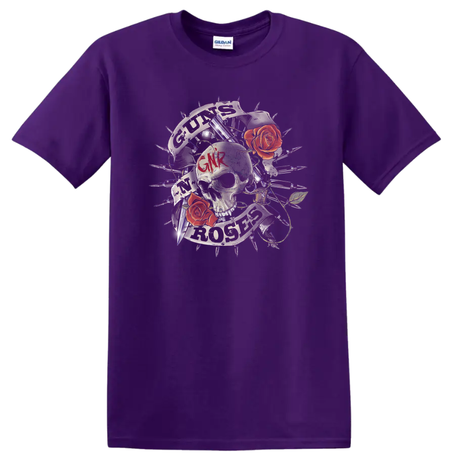 Guns N' Roses skull and red roses graphic with GNR lettering and distressed rays on a Purple T Shirt
