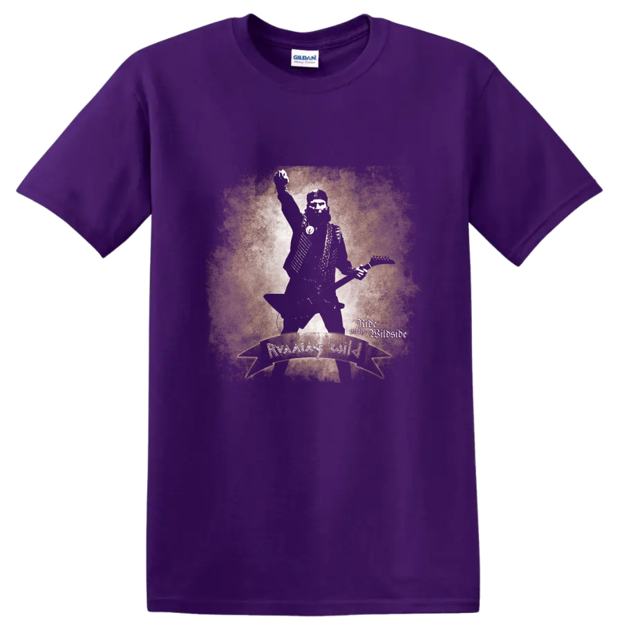 Running Wild distressed skeleton guitarist with Ride on the Wildside lettering on a Purple T Shirt