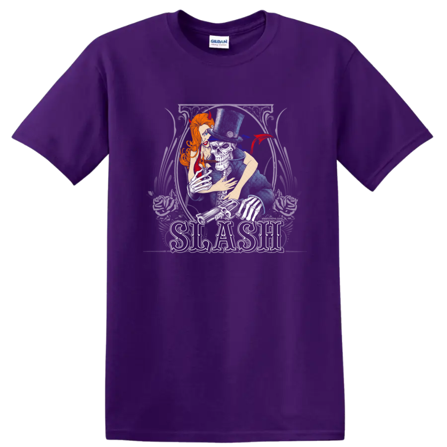 Slash guitarist portrait in top hat with devil horns and distressed rock poster style on a Purple T Shirt