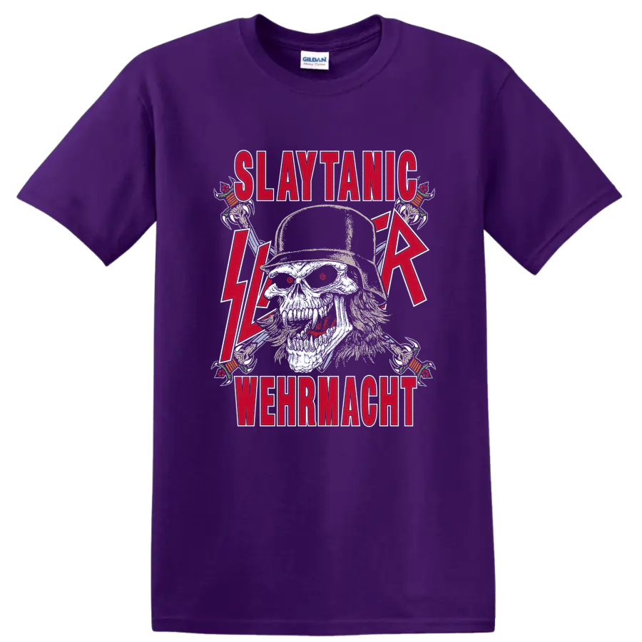 Slayer Slaytanic Wehrmacht skull graphic with red lettering and lightning bolts on a Purple T Shirt