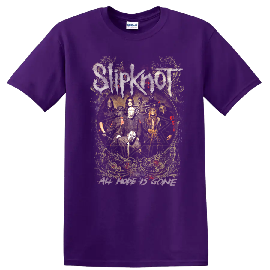 Slipknot masked band pentagram artwork with fiery distressed ornamental details on a Purple T Shirt