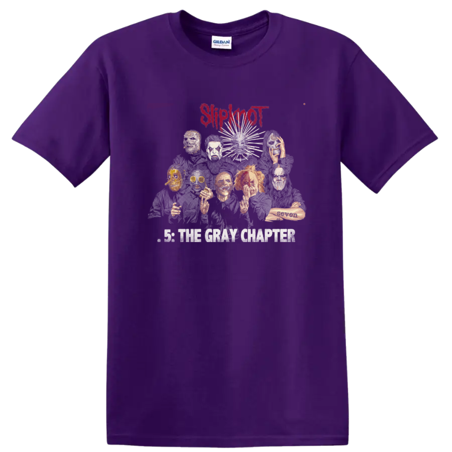 Slipknot .5 The Gray Chapter mask collage with distressed red logo on a Purple T Shirt