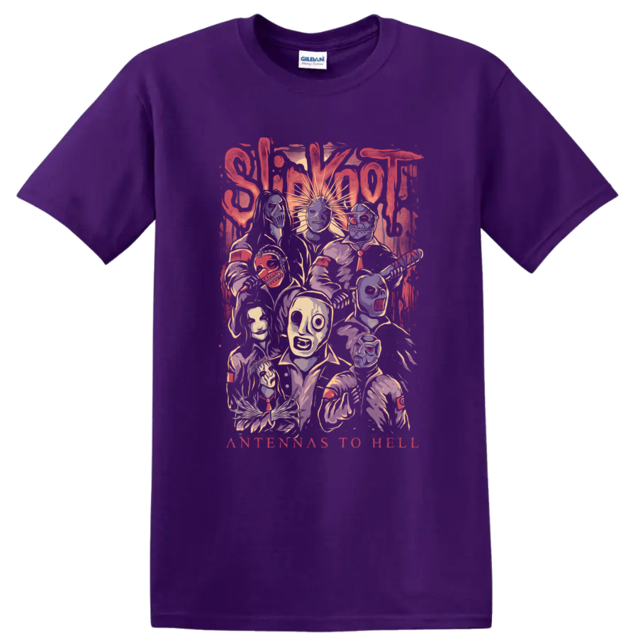 Slipknot Antennas to Hell masked band portrait collage in distressed horror style on a Purple T Shirt