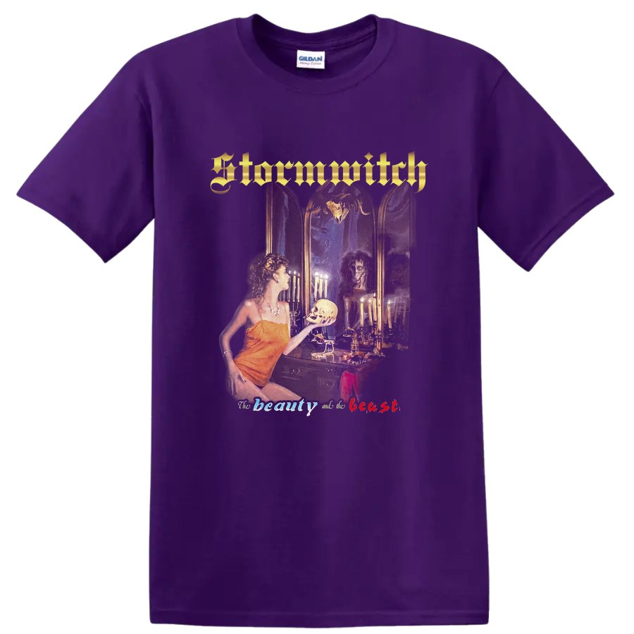 Stormwitch gothic fantasy artwork with woman, skull, candles, and ornate gold logo on a Purple T Shirt