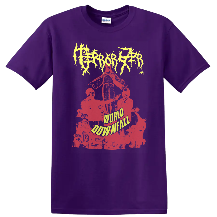 Terrorizer World Downfall distressed red collage with jagged yellow logo on a Purple T Shirt
