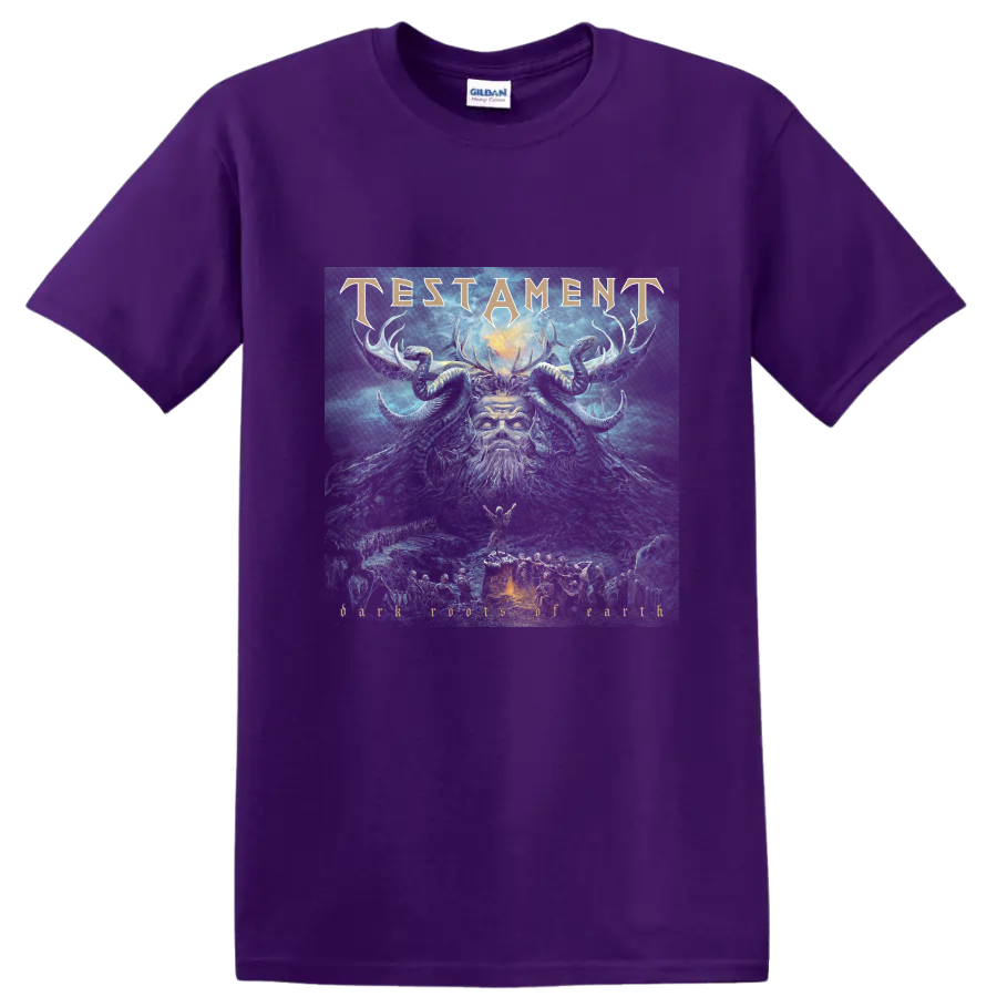 Testament Dark Roots of Earth horned figure artwork with gold band lettering on a Purple T Shirt
