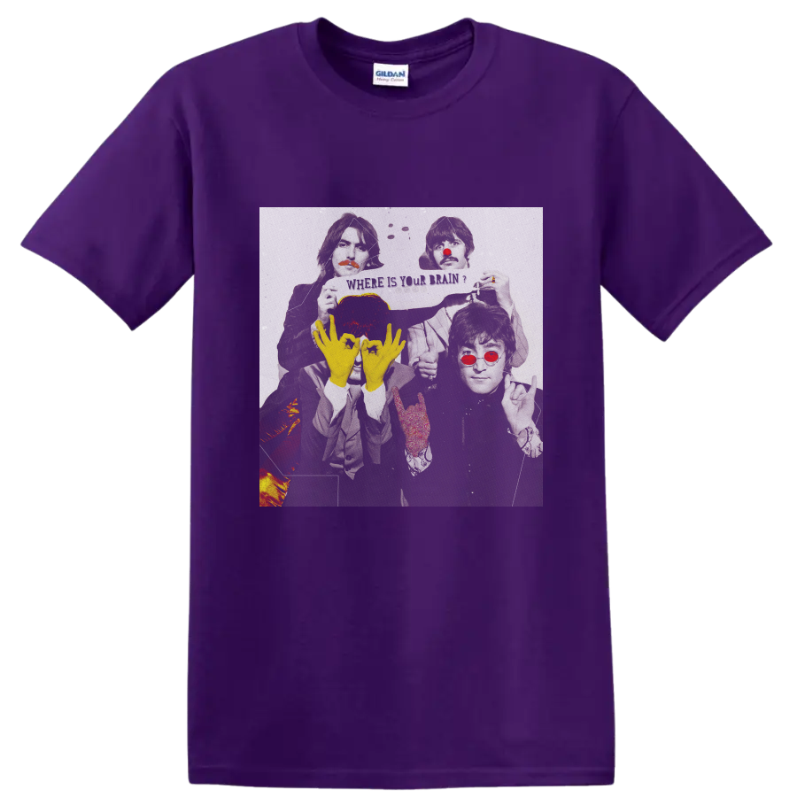 The Beatles Lennon and McCartney distressed pop art portrait with yellow hand symbols on a Purple T Shirt