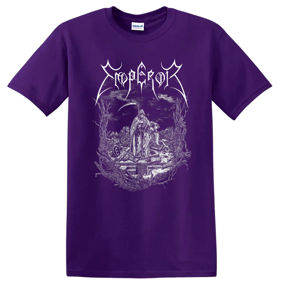Mgła Age of Excuse hooded figure and graveyard gothic illustration on a Purple T Shirt