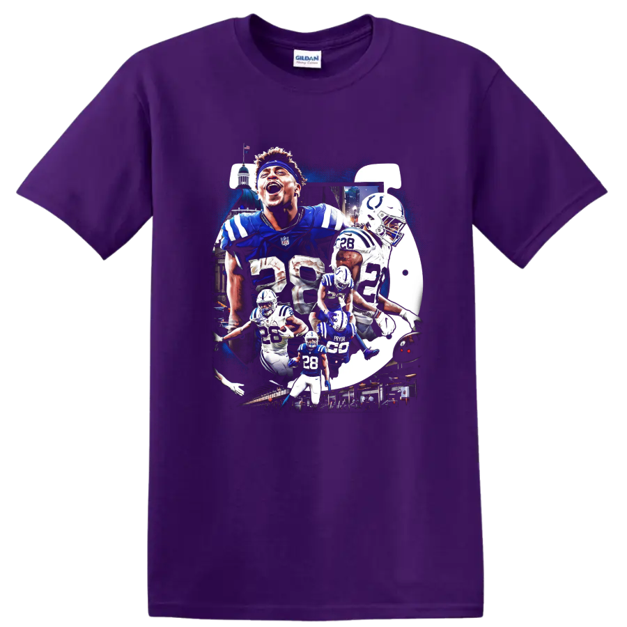 Jonathan Taylor Indianapolis Colts No. 28 football action collage with helmet art on a Purple T Shirt