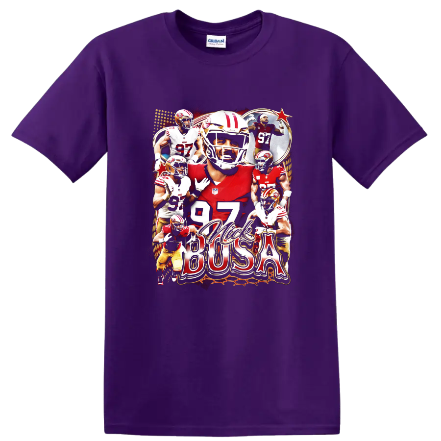 Jimmy Garoppolo San Francisco 49ers football collage with number 97 and red gold action on a Purple T Shirt