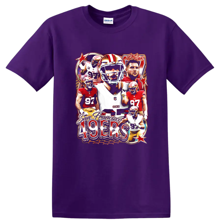 George Kittle, Christian McCaffrey and Nick Bosa 49ers football collage with 49ers text on a Purple T Shirt