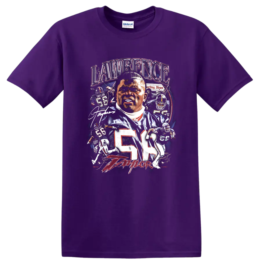 Lawrence Taylor New York Giants number 56 football collage with lightning and action art on a Purple T Shirt