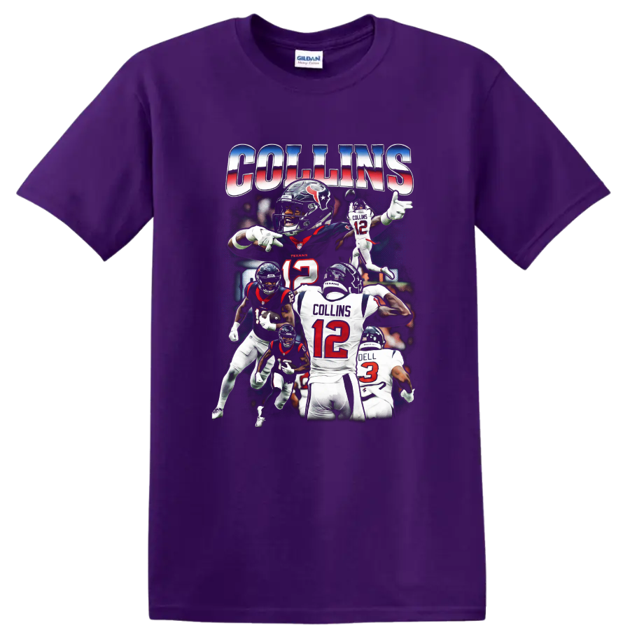 C.J. Stroud and Nico Collins Houston Texans football action collage with COLLINS text on a Purple T Shirt