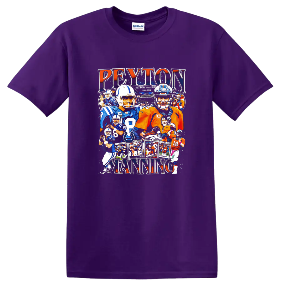 Peyton Manning Colts and Broncos football collage with bold Peyton Manning lettering on a Purple T Shirt