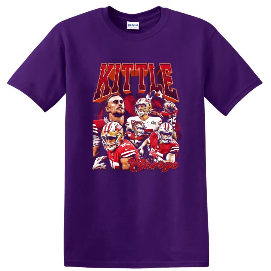 George Kittle San Francisco 49ers red and gold football action collage with KITTLE text on a Purple T Shirt
