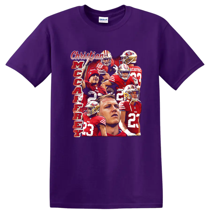 Christian McCaffrey 49ers number 23 action collage with vertical McCaffrey text on a Purple T Shirt