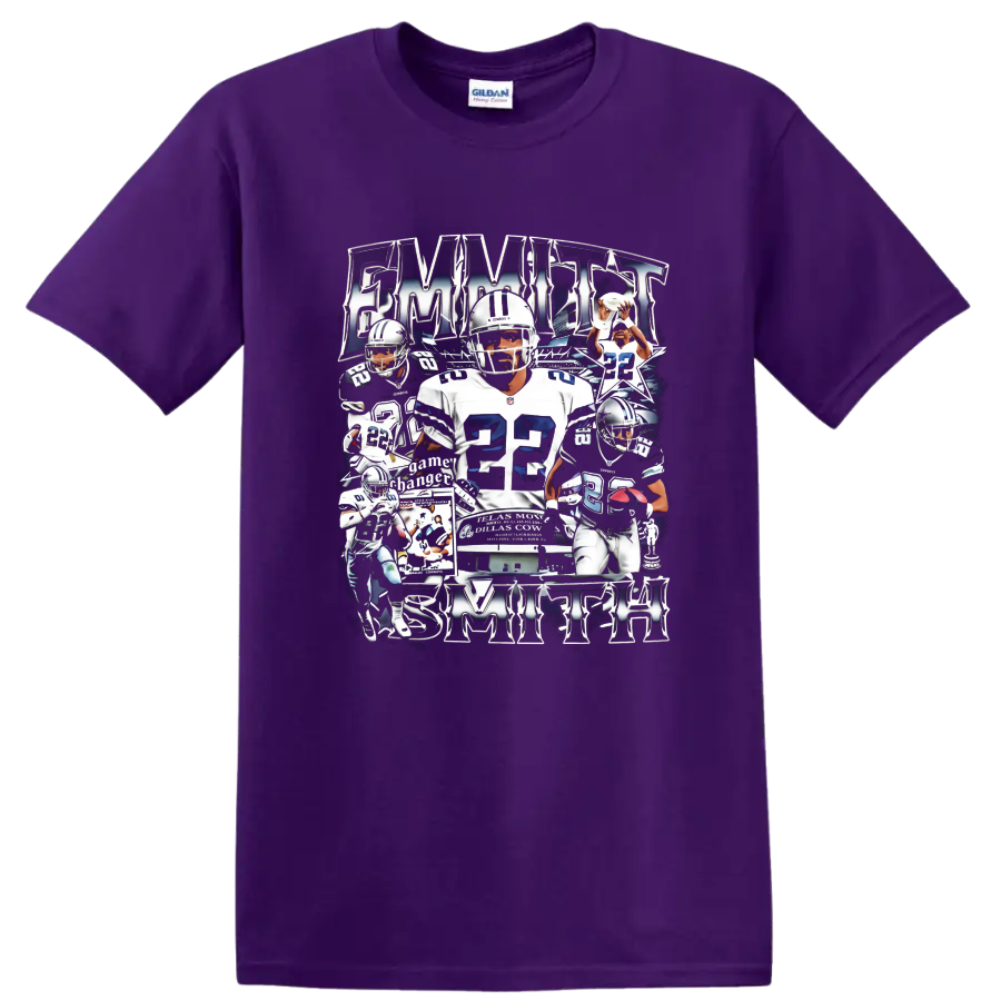 Emmitt Smith Dallas Cowboys number 22 football action collage with metallic lettering on a Purple T Shirt