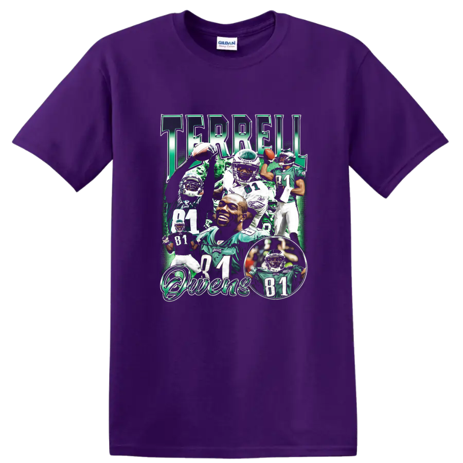 Terrell Owens Philadelphia Eagles number 81 football collage with TERRELL and Owens text on a Purple T Shirt