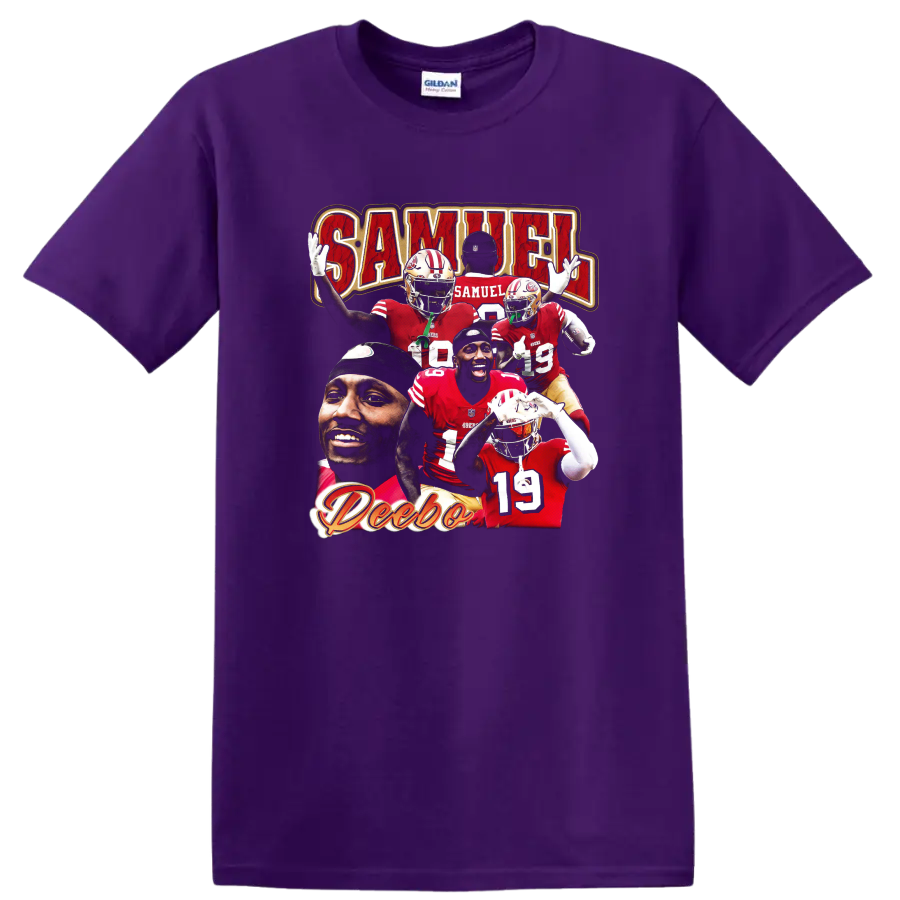 Deebo Samuel San Francisco 49ers football player collage with SAMUEL lettering on a Purple T Shirt