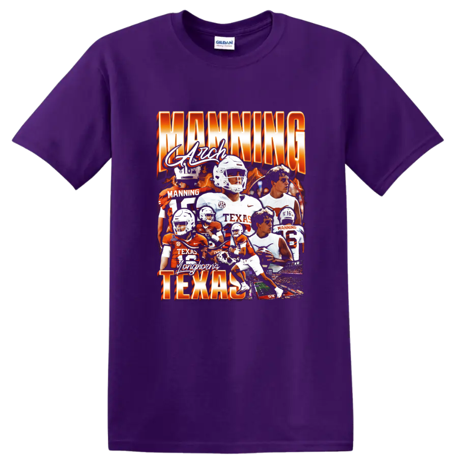 Arch Manning Texas Longhorns football collage with orange lettering and action scenes on a Purple T Shirt