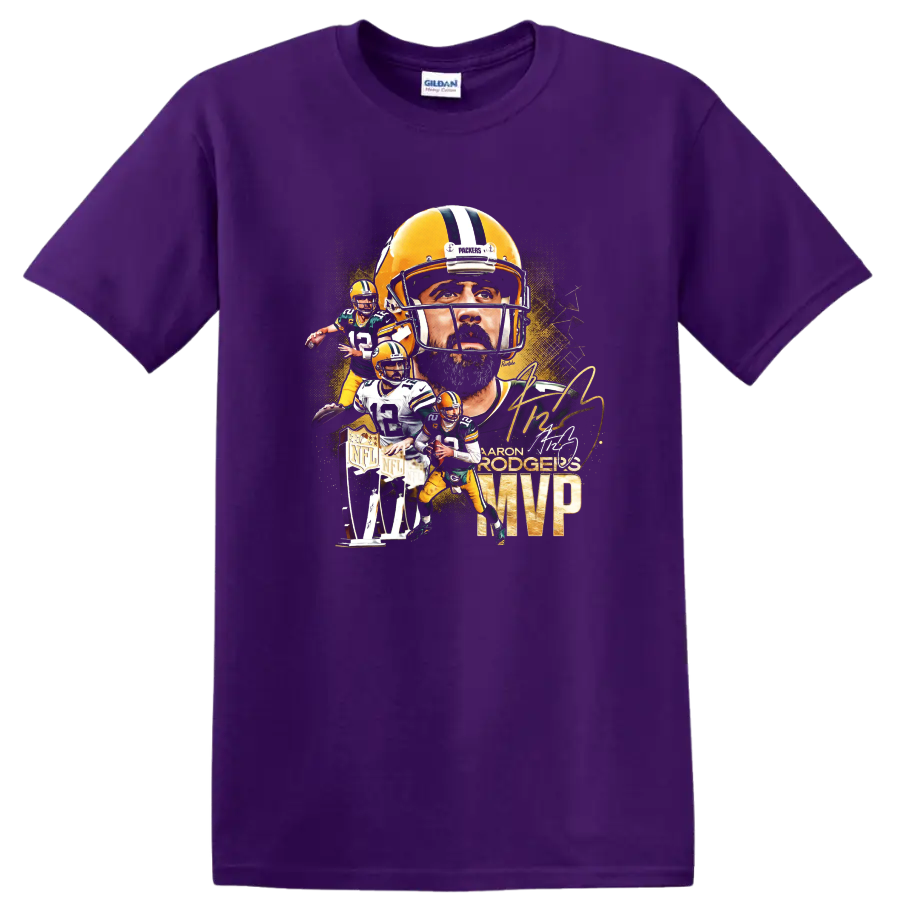 Aaron Rodgers Packers quarterback collage with helmet portrait, action poses, MVP text on a Purple T Shirt