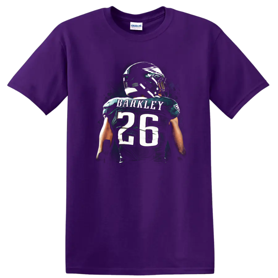 Saquon Barkley number 26 football jersey art with helmet and teal splatter backdrop on a Purple T Shirt