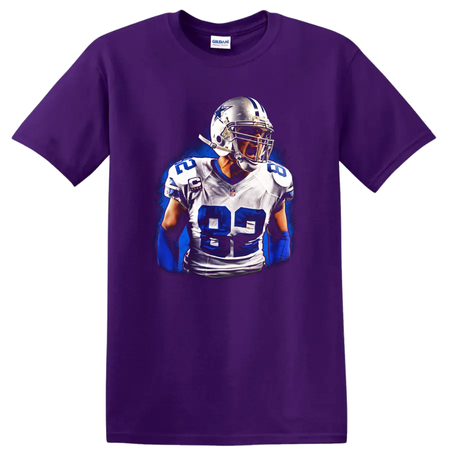 Dez Bryant Dallas Cowboys No. 88 football player portrait with electric blue action on a Purple T Shirt