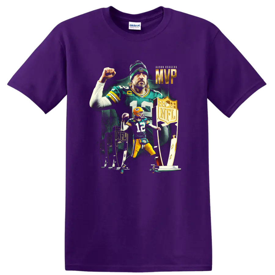 Aaron Rodgers Packers MVP football tribute with number 12, trophies, and bold artwork on a Purple T Shirt