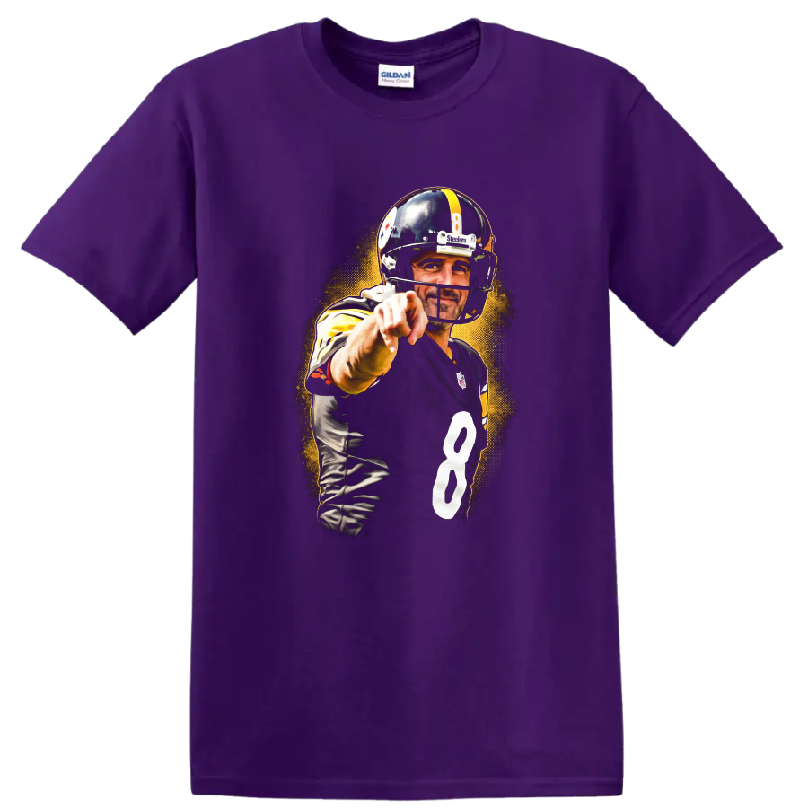Ben Roethlisberger Steelers No. 8 pointing football graphic with golden halftone burst on a Purple T Shirt