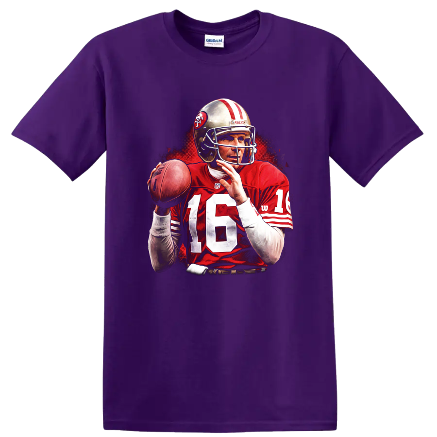 Joe Montana 49ers quarterback action portrait with football and red illustrated backdrop on a Purple T Shirt