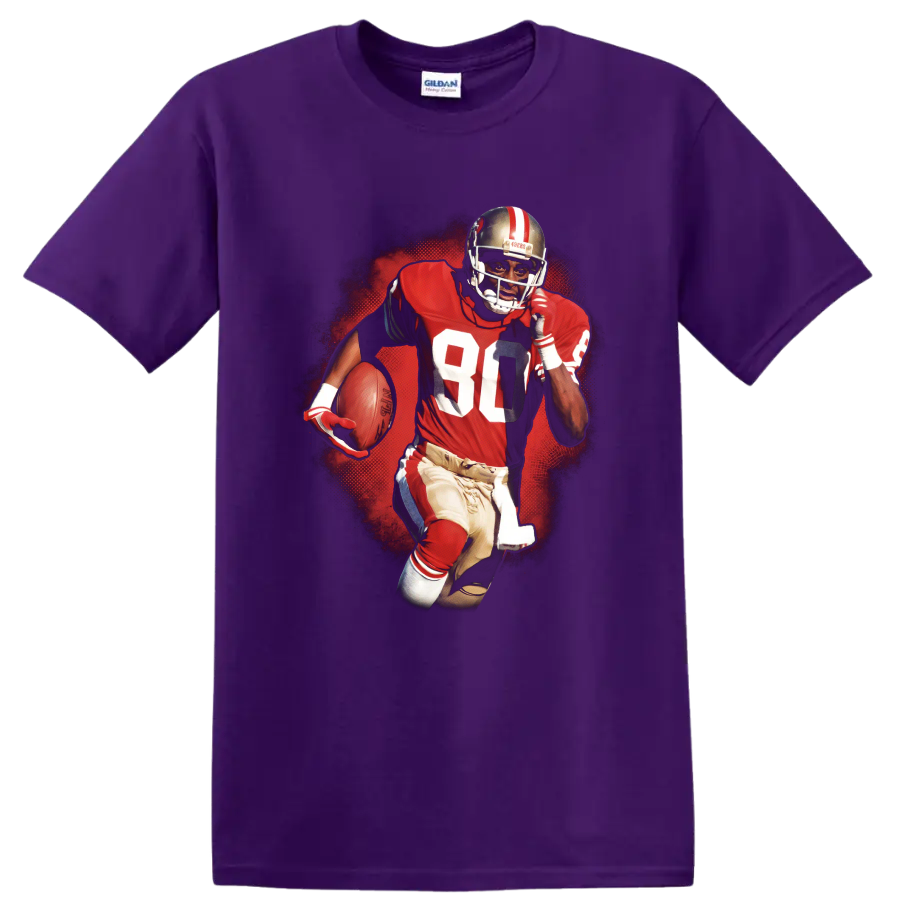 Jerry Rice 49ers number 80 action football graphic with red halftone backdrop on a Purple T Shirt