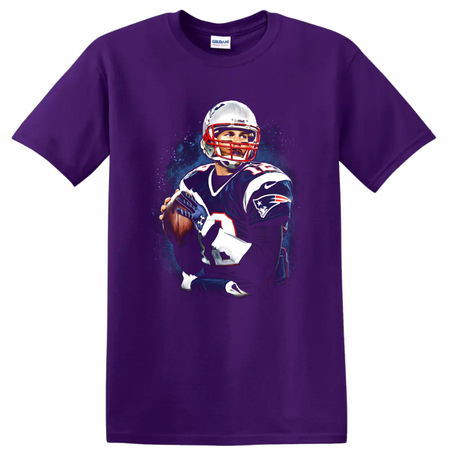 Tom Brady New England Patriots quarterback portrait with blue paint-splash backdrop on a Purple T Shirt