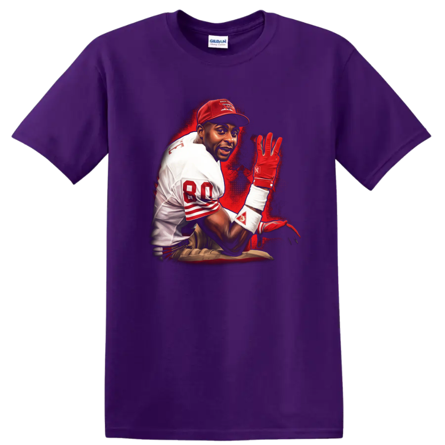 Jerry Rice 49ers-inspired football action portrait with red sports-poster splatter art on a Purple T Shirt