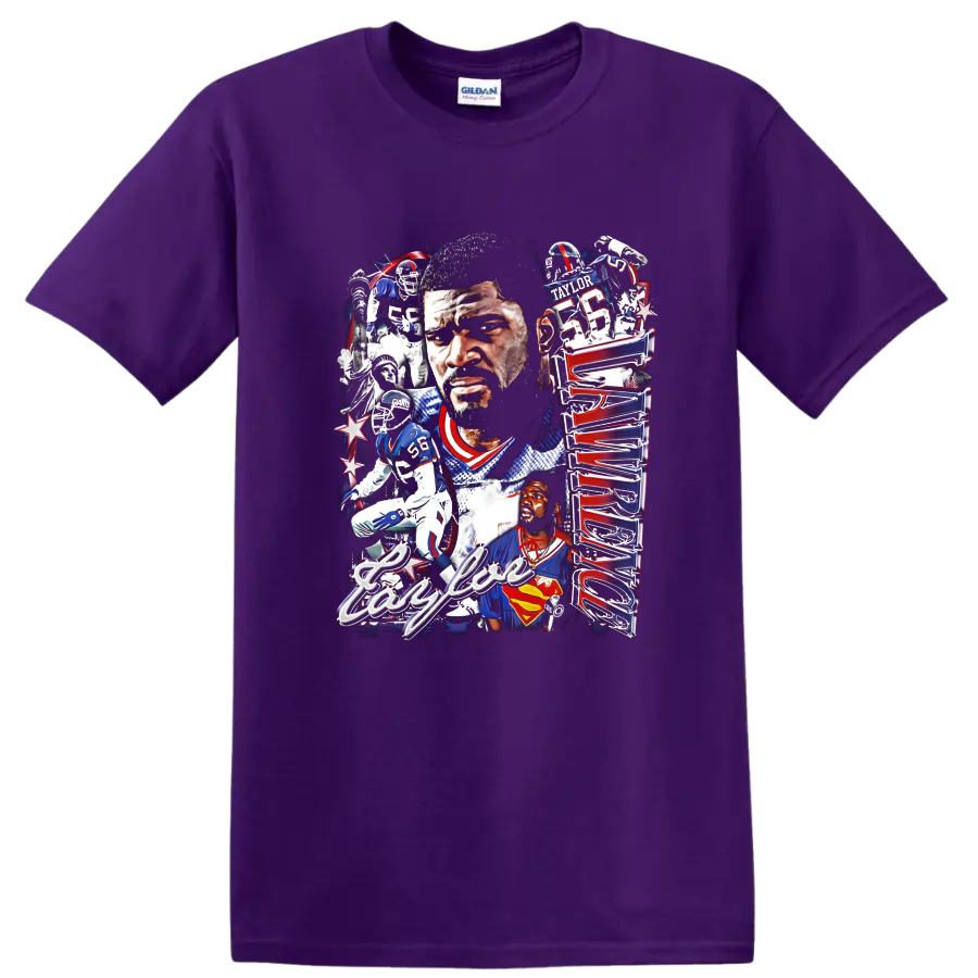 Lawrence Taylor New York Giants football portrait collage with number 56 action scenes on a Purple T Shirt