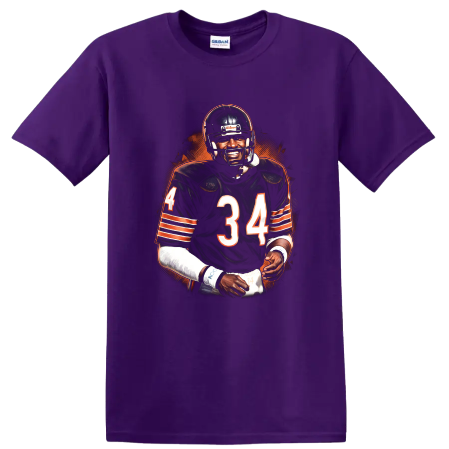 Walter Payton No. 34 football portrait with orange halftone background on a Purple T Shirt