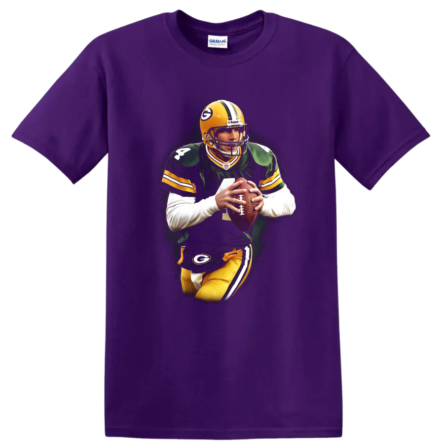 Aaron Rodgers Green Bay Packers quarterback action portrait with football on a Purple T Shirt