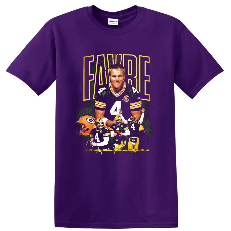 Brett Favre Packers number 4 football action collage in vintage sports-poster style on a Purple T Shirt