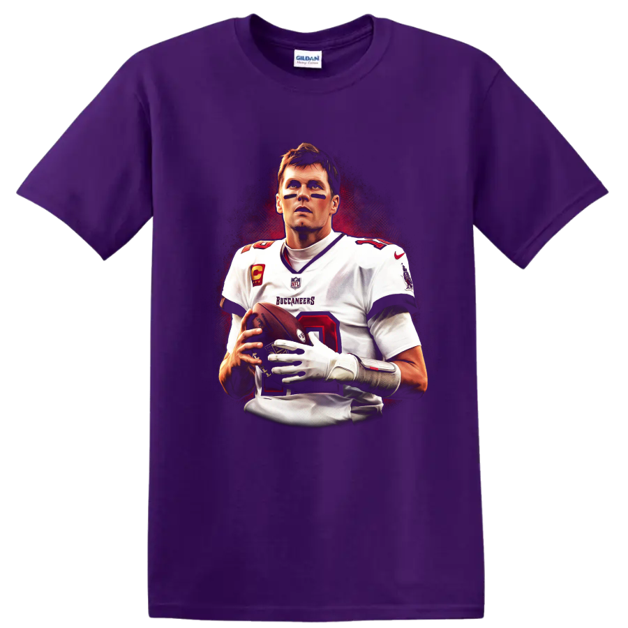 Tom Brady Buccaneers quarterback portrait with football and dramatic red backdrop on a Purple T Shirt