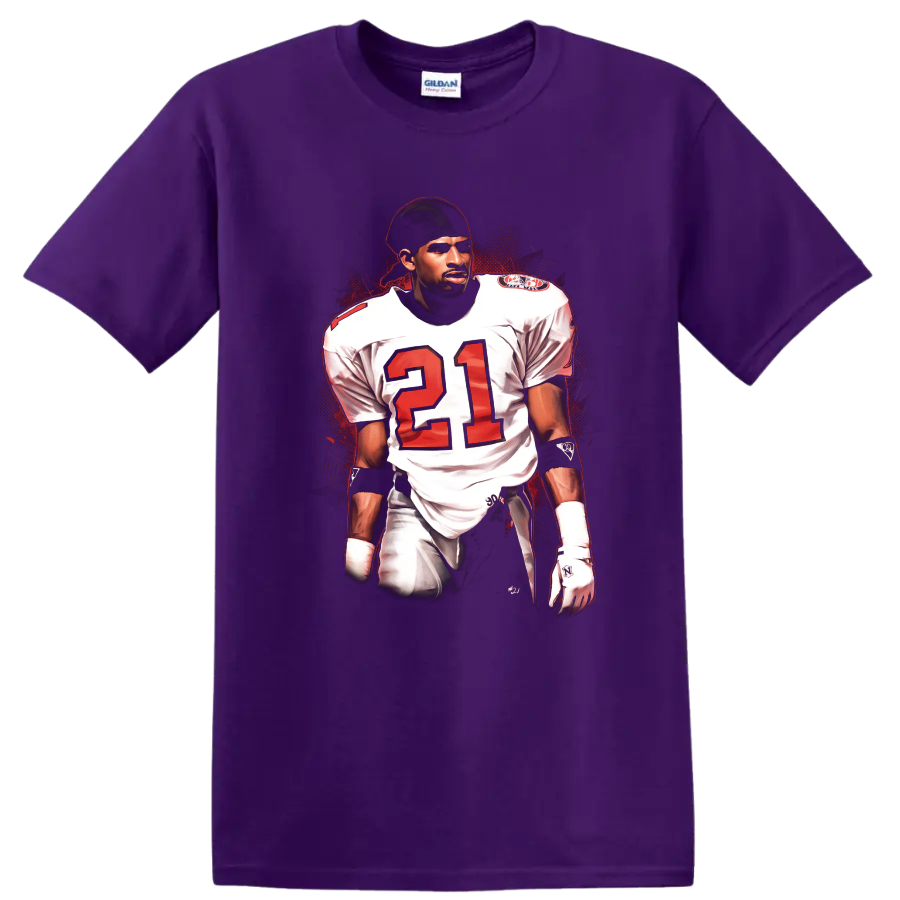 Deion Sanders number 21 football player illustration with red splatter background on a Purple T Shirt
