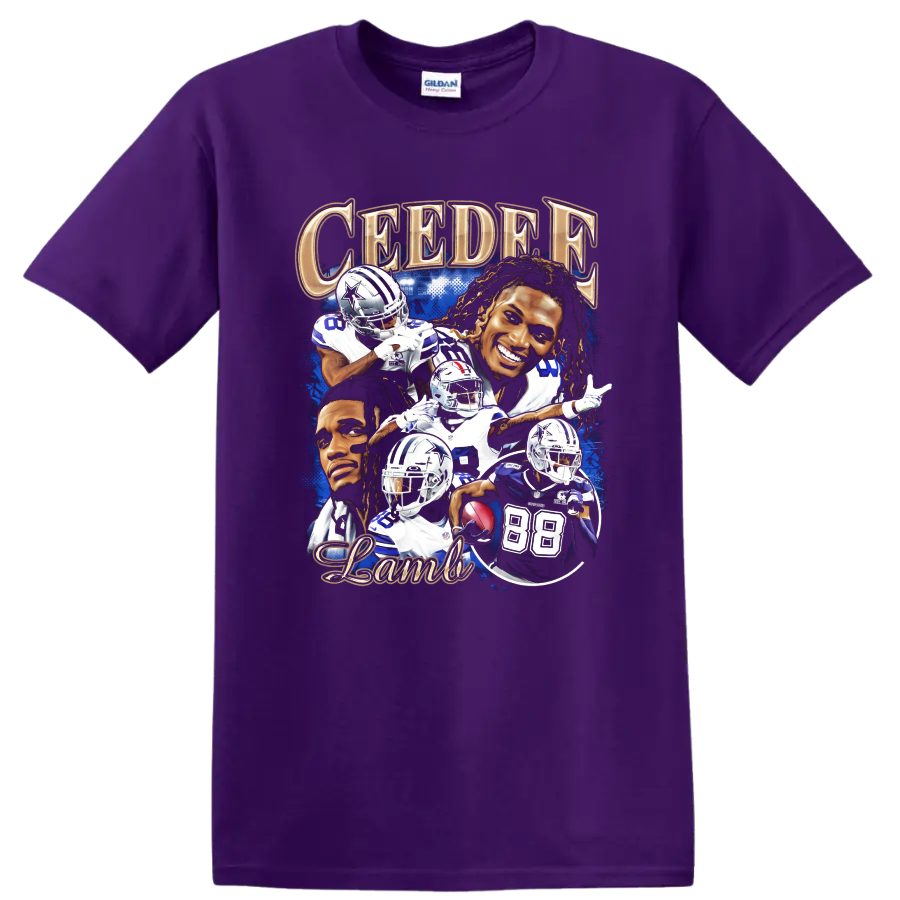 CeeDee Lamb Dallas Cowboys football action and portrait collage with gold lettering on a Purple T Shirt