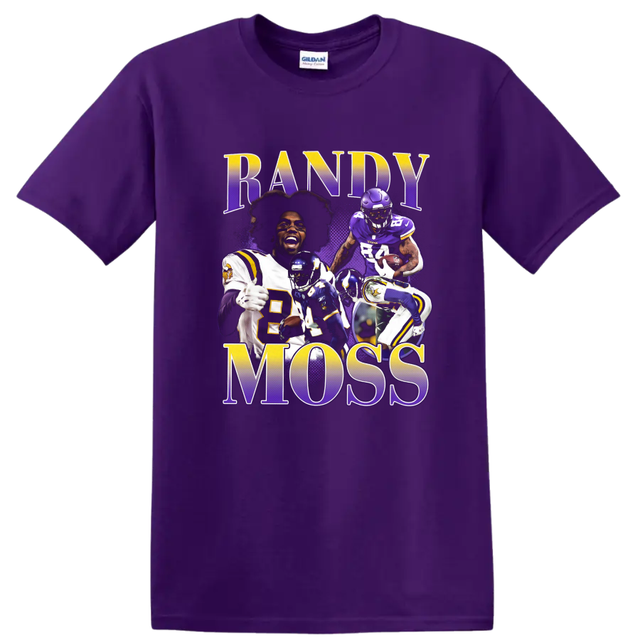 Randy Moss Minnesota Vikings football action collage with RANDY MOSS lettering on a Purple T Shirt
